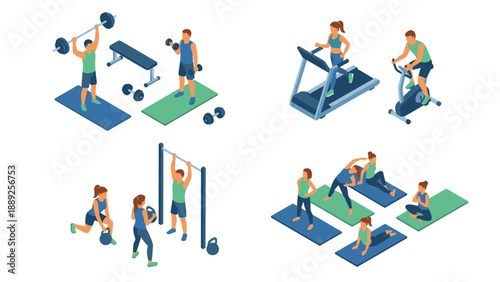 Isometric Vector Illustration Set of Gym Workout Scenes with People Lifting Weights, Running on Treadmill, Cycling, Pull-ups, Kettlebell Training, and Yoga Poses on Clean White Background.
