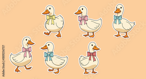 Adorable cartoon ducks with colorful bows add a whimsical touch to graphic designs and creative projects, showcasing innocence and playful charm with unique character illustrations.