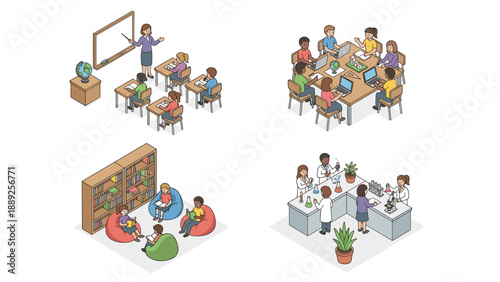 Isometric Vector Illustration Set of Classroom Learning Scenes Featuring Students and Teachers in a Traditional Classroom, Group Study with Laptops, Library Reading Area, and Science Laboratory