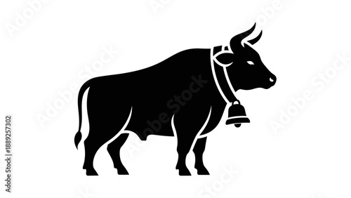 Black silhouette of a cow with bell.