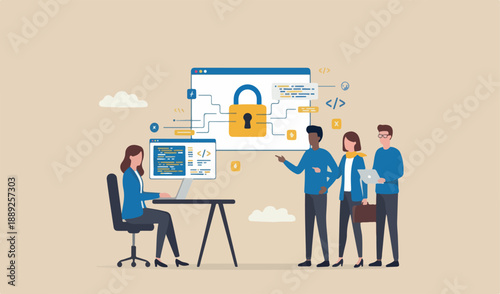 Open source programming, digital products include permission to use the programming code concept, programmer lady computer laptop work unlock lock coding symbol.