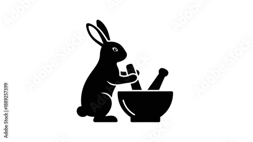 Rabbit preparing ingredients in a mortar and pestle.