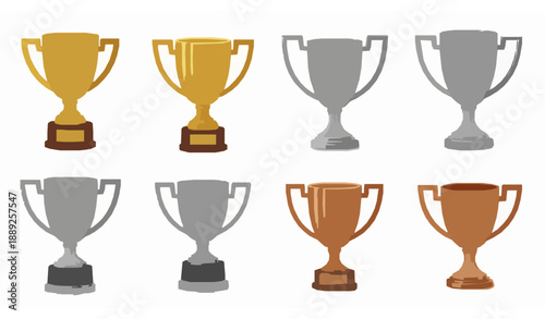3D cartoon trophy cup set in gold silver and bronze for achievement