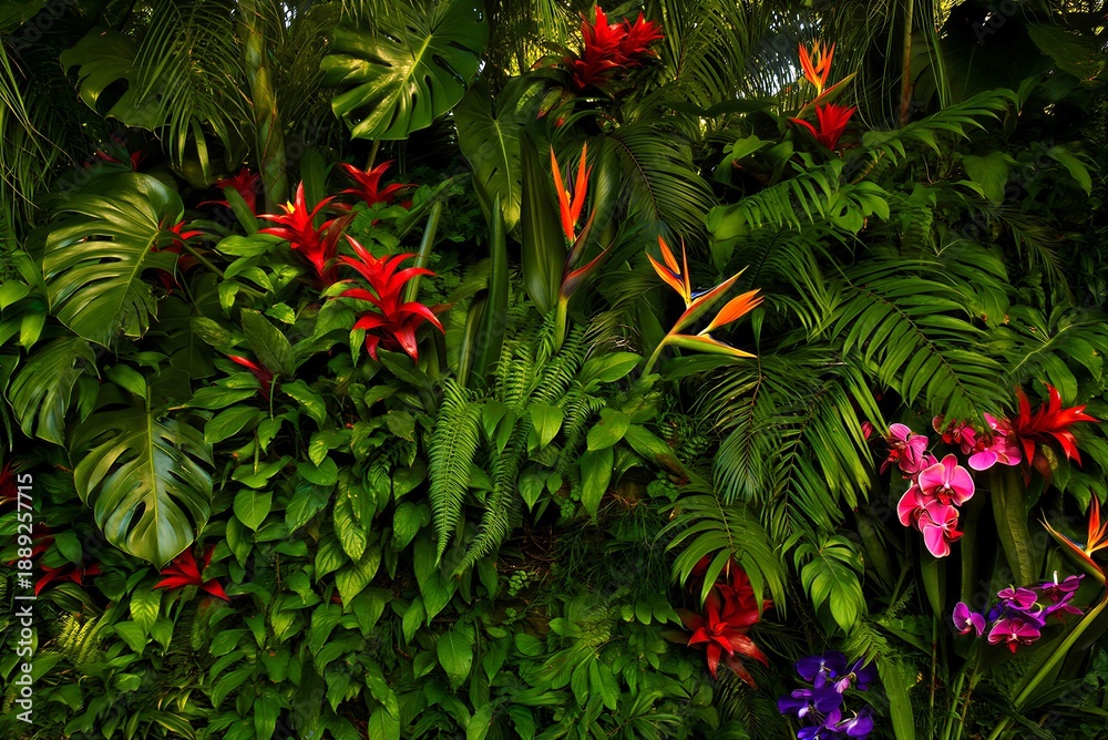 Fototapeta premium Lush tropical rainforest vegetation with vibrant exotic flowers and large green leaves creating a dense natural wall of foliage