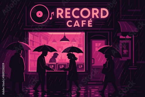 People walk in the rain near a record cafe with umbrellas as they browse records on a busy street at night