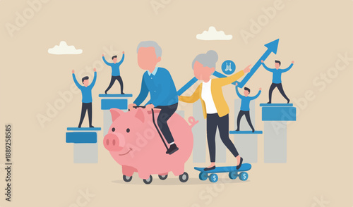 Retirement planning, success investment in 401K, Roth IRA or retirement concept, couple meeting team man riding huge piggy bank with his wife fast growth skate board