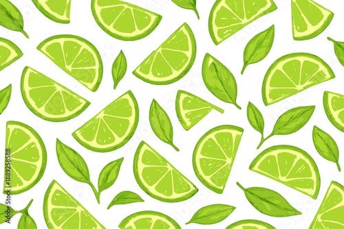 Bright green lime slices and leaves are arranged in a pattern on a white background showing fresh fruit and nature