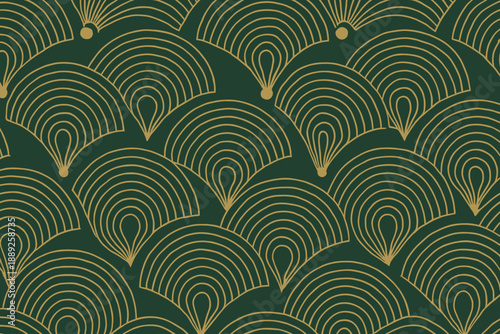 Decorative green and gold pattern with fan shapes and lines on a flat surface