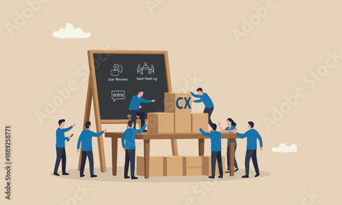 Customer industrial teams together with blue team uniform building cube wooden block with acronym CX on table with blackboard, user review or feedback