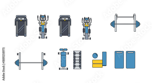 Collection of fitness equipment icons: treadmills, elliptical machines, weight bench, barbell, dumbbells, yoga mats, and ball, laid out in a clean, organized...