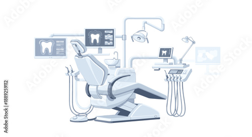 Modern dental chair setup with monitors displaying teeth images, dental tools, and a bright light, representing dentistry, oral hygiene, and dental care.