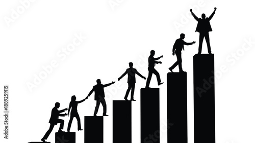 Silhouettes of business people helping each other climb upward on rising achievement bars.