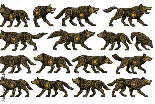 Various wolf designs with different poses and styles displayed in a row for an art project or animation reference