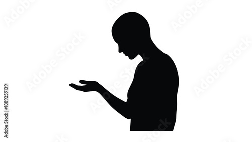 Silhouette of a bald female figure looking down sadly at an open empty hand