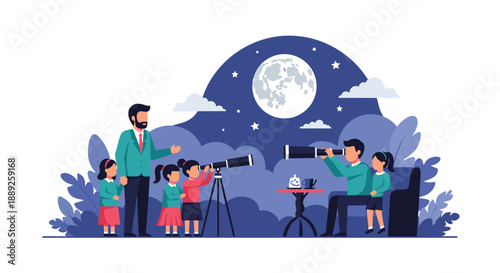 A group of children and adults observing the full moon and stars through telescopes, representing learning, curiosity, and the joy of discovery.