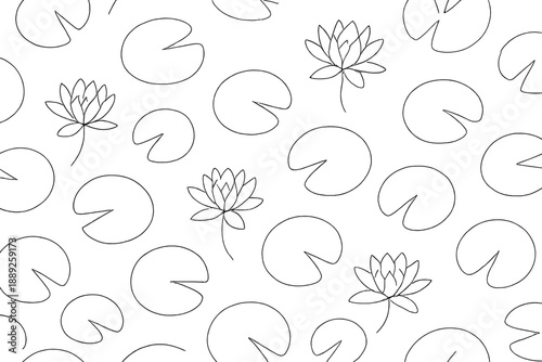 Simple line drawings of water lilies and lily pads create a repeating pattern on a white background found in a design