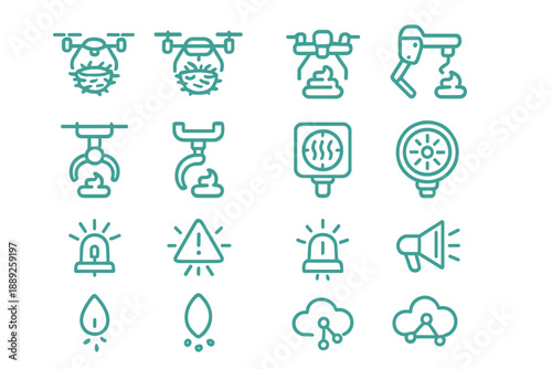 Different types of icons showing drones, machinery, sensors, and warning signals in various designs and styles