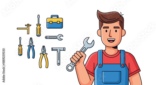 Friendly mechanic with a toolbox and various tools, including wrenches and pliers, ready for home repair or construction projects, representing handy work.
