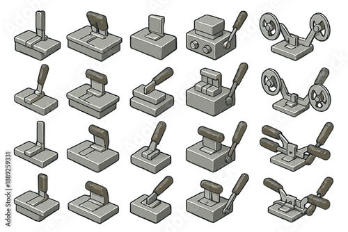 Different types of levers and mechanical devices arranged on a surface with various shapes and handles for industrial use
