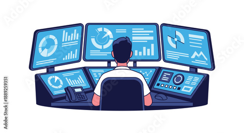 Data analyst or control room operator working with multiple computer screens showing complex data visualizations and charts, emphasizing digital monitoring.