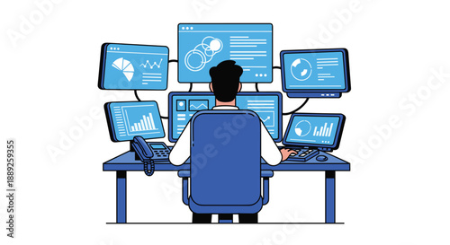 Office worker or data analyst in a dark room, surrounded by multiple computer monitors displaying charts and graphs, focusing on business analytics.