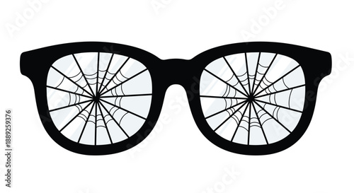 Black-rimmed glasses with spiderwebs reflected in the lenses, creating a spooky or Halloween-themed visual, representing a mysterious or eerie look.