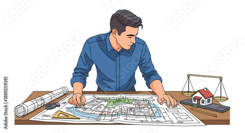 Architect or civil engineer examining a detailed city blueprint with a scale model of a house and a balance scale, symbolizing planning and design.