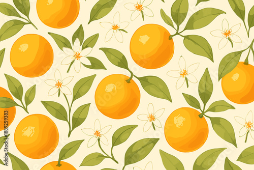 Bright oranges and white flowers create a fresh pattern on a light background in a nature-inspired design