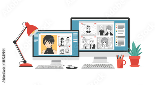 Digital illustration of two computer monitors displaying comic book panels and character designs, a desk lamp, keyboard, mouse, and a potted plant on a white...