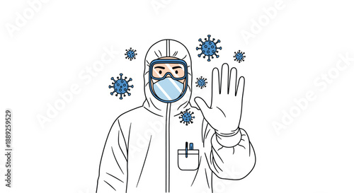 Illustration of a person in a white hazmat suit, face mask, and goggles, holding up a hand in a stopping gesture, surrounded by cartoonish virus particles, s...