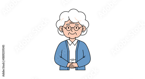 A cheerful illustration of an older woman with white permed hair and glasses, wearing a blue cardigan over a white shirt, with hands clasped, exuding a comfo...