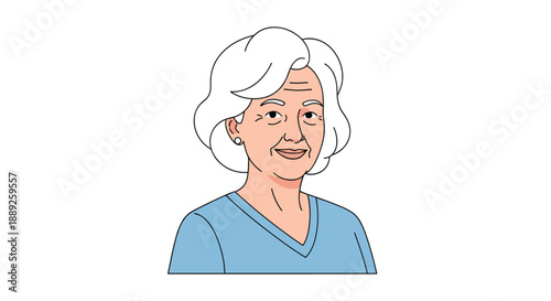 A simple, friendly cartoon portrait of an elderly woman with white curly hair and a warm smile, wearing a blue shirt, conveying a sense of kindness, wisdom, ...
