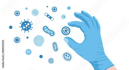 A person's hand wearing a blue glove, delicately picking up a microorganism icon from a cluster of various bacteria and virus shapes floating against a white...