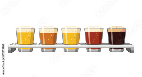 A flight of five small glasses of beer, each with a different color and head, presented in a wooden or metal holder, suggesting a tasting, variety, or craft ...