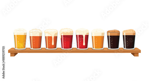A selection of eight diverse beers in small glasses, arranged on a wooden board, showcasing a spectrum of colors and foam, ideal for showcasing variety and t...