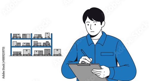 A warehouse worker in a blue uniform stands with a clipboard and pen, near shelves filled with boxes and pallets, illustrating inventory, logistics, or shipp...