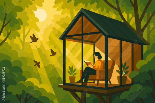 Reading in a treehouse under sunlight with birds flying in a green forest during daytime