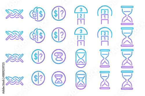 Various icons representing finance and time management in simple designs with blue and purple colors
