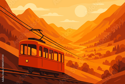 Sunset view of a red tram traveling along tracks in a valley with mountains and hills in the background