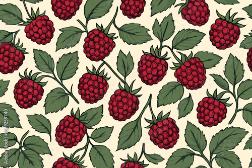 Raspberries with green leaves covering a light background in a pattern found in fruit designs and fabric prints