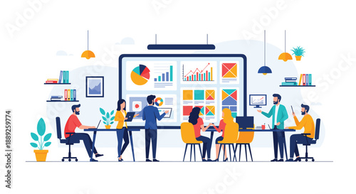 Diverse team gathered around a large screen displaying charts and graphs, engaged in a business meeting and discussion, symbolizing data analysis, strategy, ...