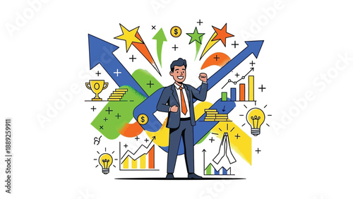 Successful businessman celebrating upward financial growth charts and amazing innovative business ideas