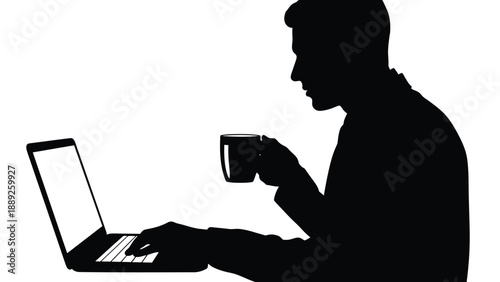 Silhouette of focused professional typing on a laptop while taking a coffee break