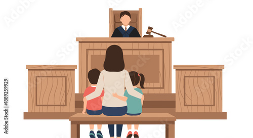 Family in Courtroom Facing Judge for Legal Hearing or Child Custody Proceeding Courtroom Illustration