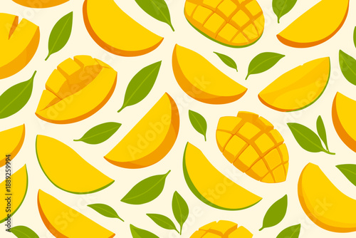 Images of yellow mango slices and green leaves scattered on a light background in a simple pattern design