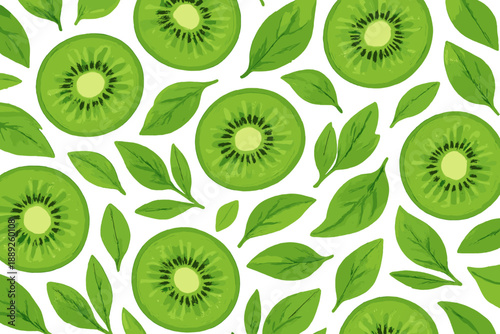 Pattern of sliced kiwis and green leaves on a white background featuring fresh colors and shapes