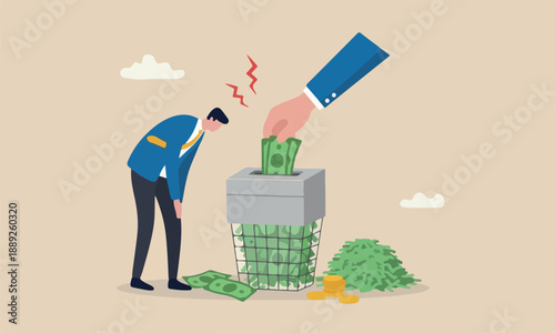 Money shred, scam or fraud causing losing money, mistake or financial failure spending concept, businessman hand feed banknote money into shredder to destroy losing all his wealth.