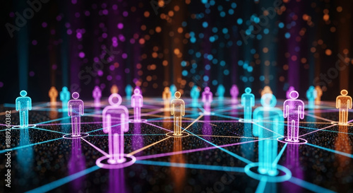 Glowing digital human network connection with neon people icons and web lines on dark background