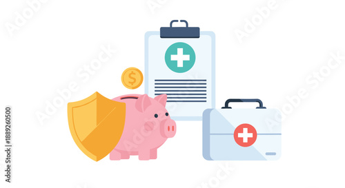 An image symbolizing health insurance and financial planning, featuring a pink piggy bank, a golden shield, a clipboard with a medical cross, and a first aid...