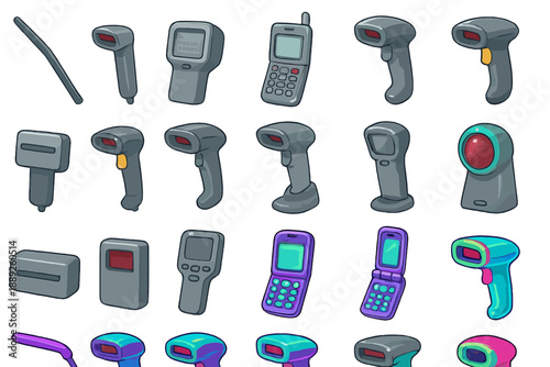 Different types of barcode scanners and mobile devices shown in various shapes and designs arranged in rows
